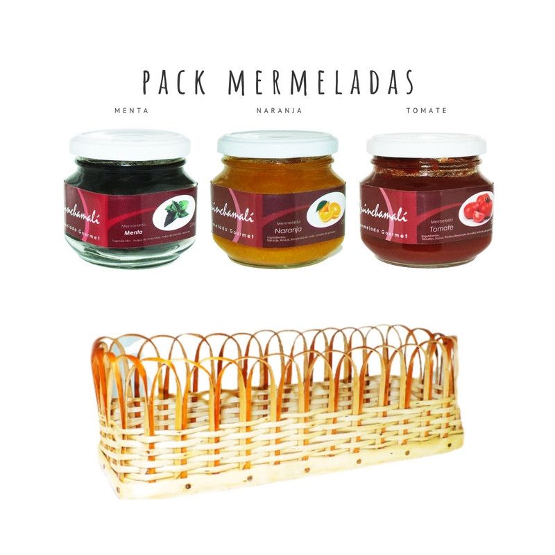 QUINCHAMALI MERMELADA GOURMET - Pack Menta Naranja Tomate en cesta de mimbre
