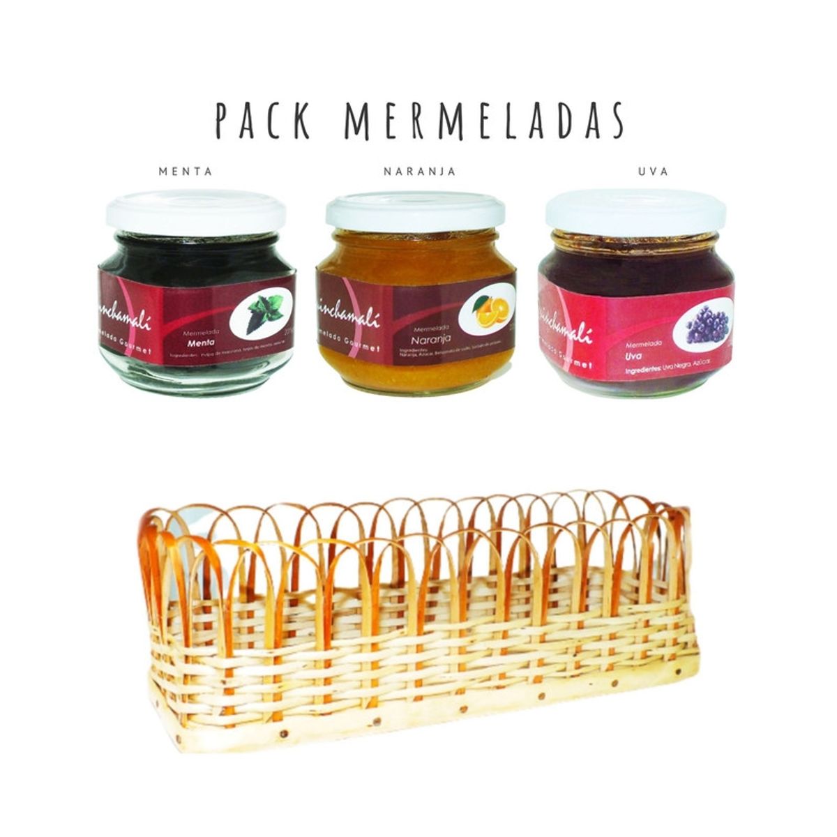 QUINCHAMALI MERMELADA GOURMET - Pack Menta Naranja Uva en cesta de mimbre