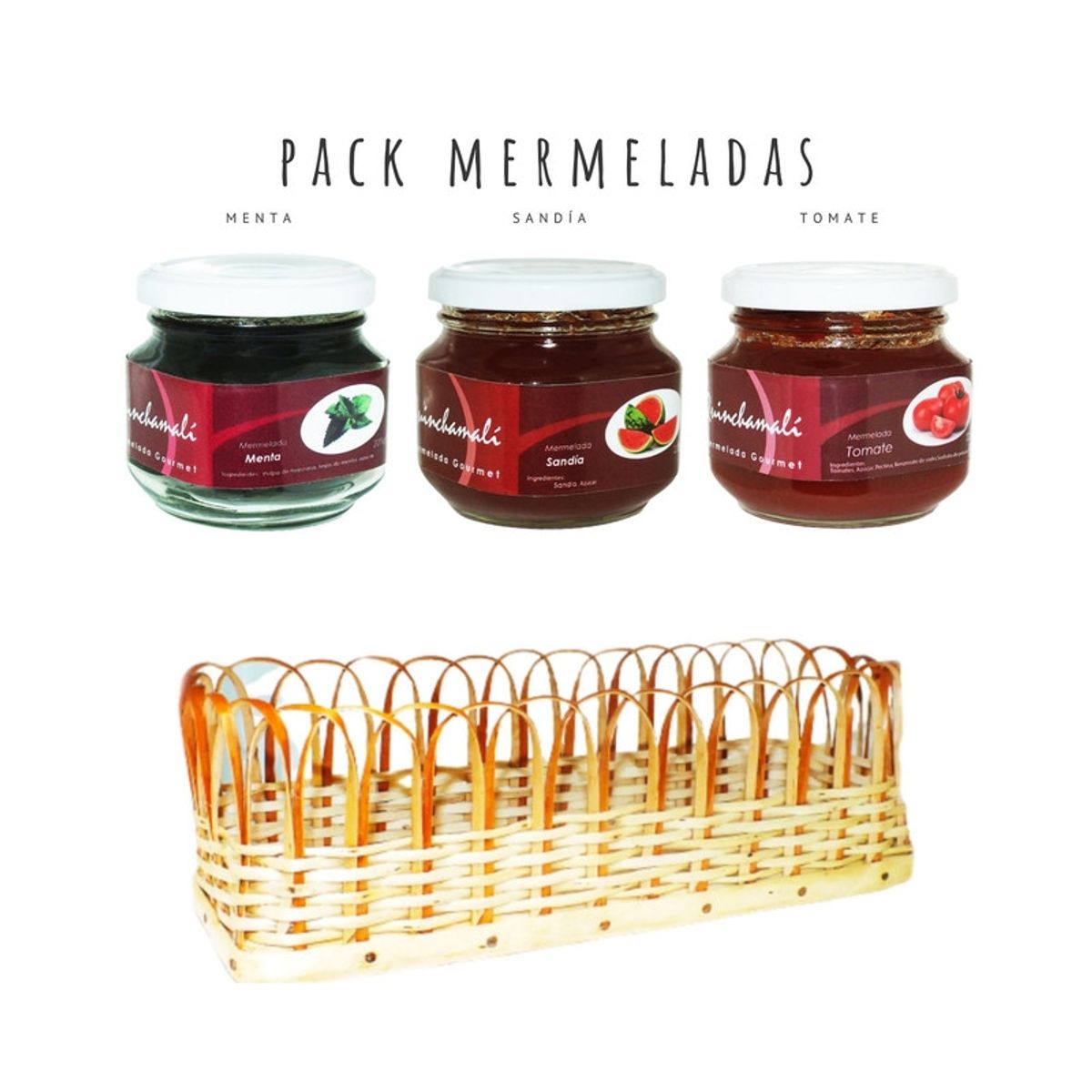 QUINCHAMALI MERMELADA GOURMET - Pack Menta Sandía Tomate en cesta de mimbre