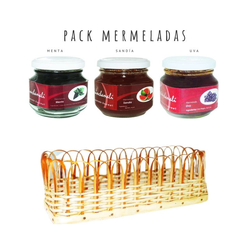 QUINCHAMALI MERMELADA GOURMET - Pack Menta Sandía Uva en cesta de mimbre