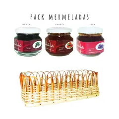 QUINCHAMALI MERMELADA GOURMET - Pack Menta Sandía Uva en cesta de mimbre