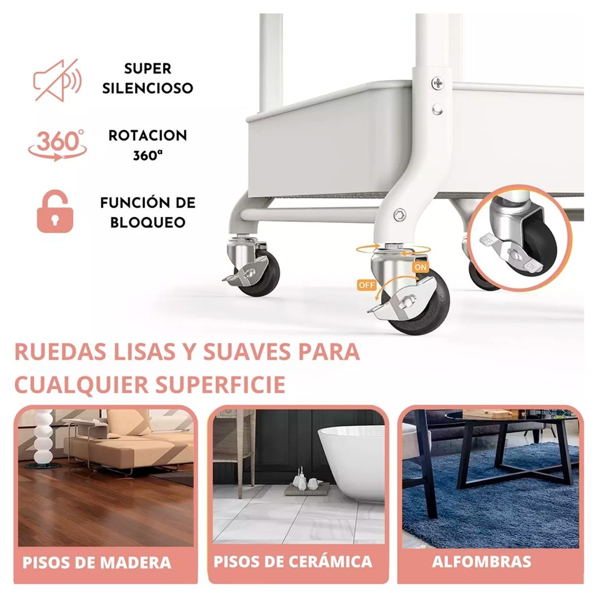 IRM - Organizador Carro Plegable De 3 Niveles Con Ruedas Color Blanco