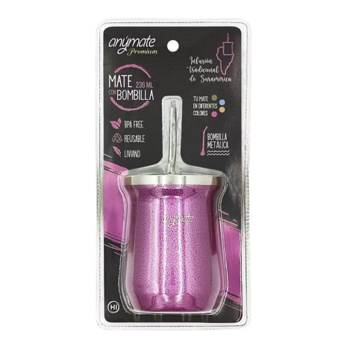 GENERICO - Mate Con Bombilla Anýmate Premium Matero Metalizado Púrpura 236 ML.