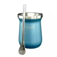 GENERICO - Mate Con Bombilla Anýmate Premium Matero Metalizado Celeste 236 ML.