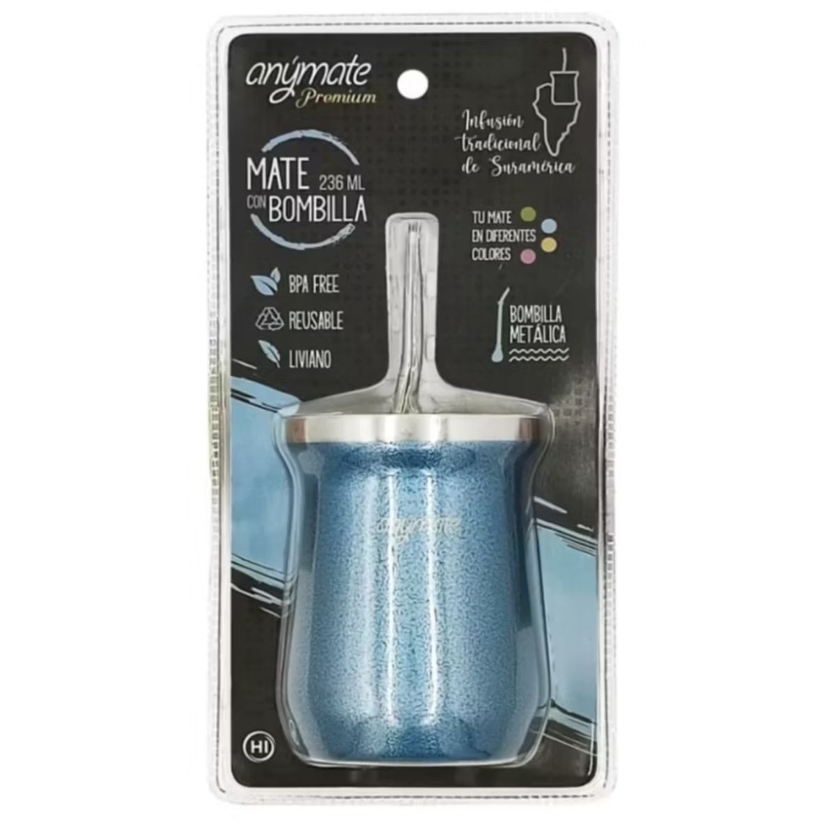 GENERICO - Mate Con Bombilla Anýmate Premium Matero Metalizado Celeste 236 ML.