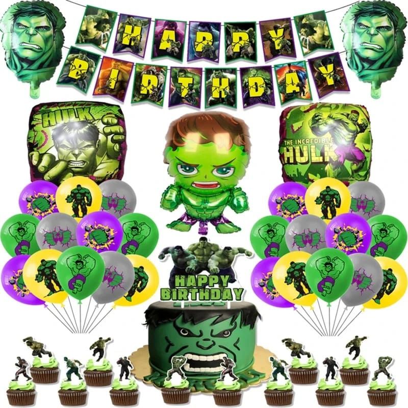 GENERICO - Set Decoración Globos + banderín Hulk cumpleaños