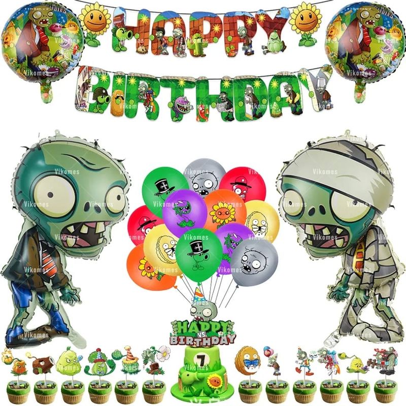GENERICO - Set Decoración Globos + banderín plantas vs zombies