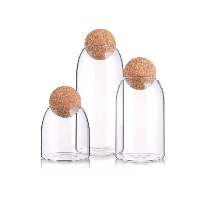 GENERICO - Set De 3 Tarros De Vidrio Con Tapa De Corcho Esférica