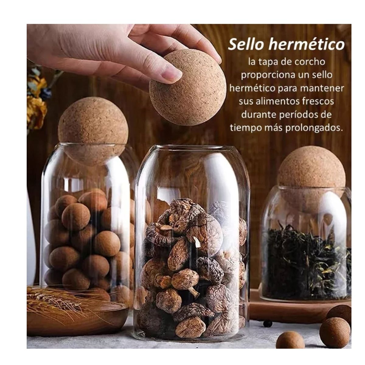 GENERICO - Set De 3 Tarros De Vidrio Con Tapa De Corcho Esférica