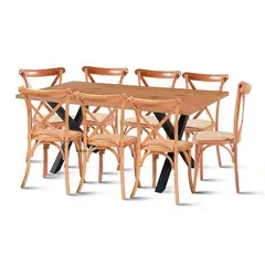 KLIK - Mesa Color Madera y Metal Cross 180x90 + 8 Silla Crossback Rattan Natu