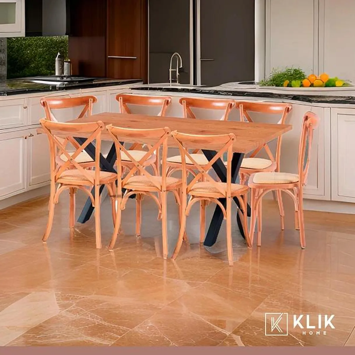 KLIK - Mesa Color Madera y Metal Cross 180x90 + 8 Silla Crossback Rattan Natu