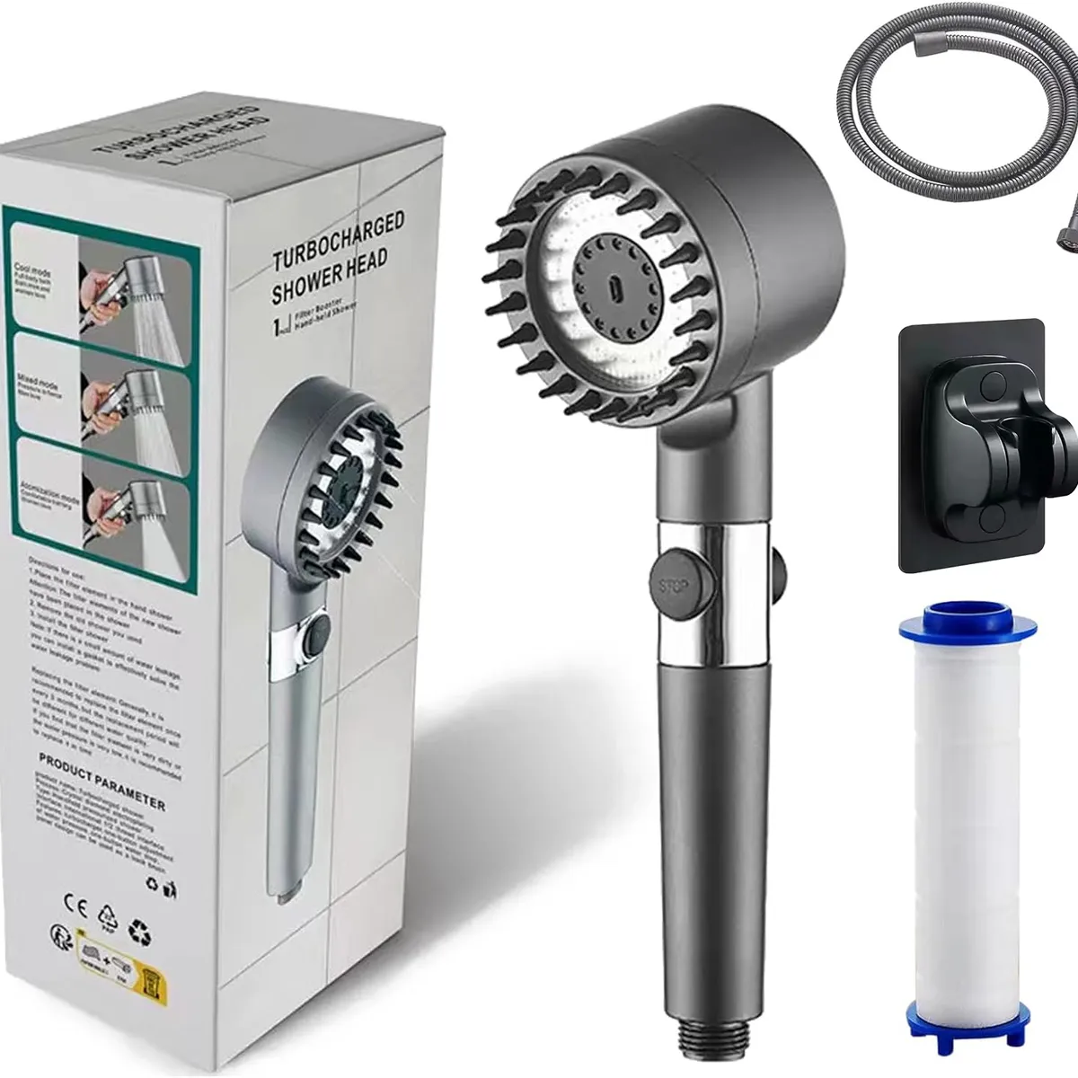 KUANGYE - Kit Cabezal Para Ducha Telefono Negro Alta Presion +manguera