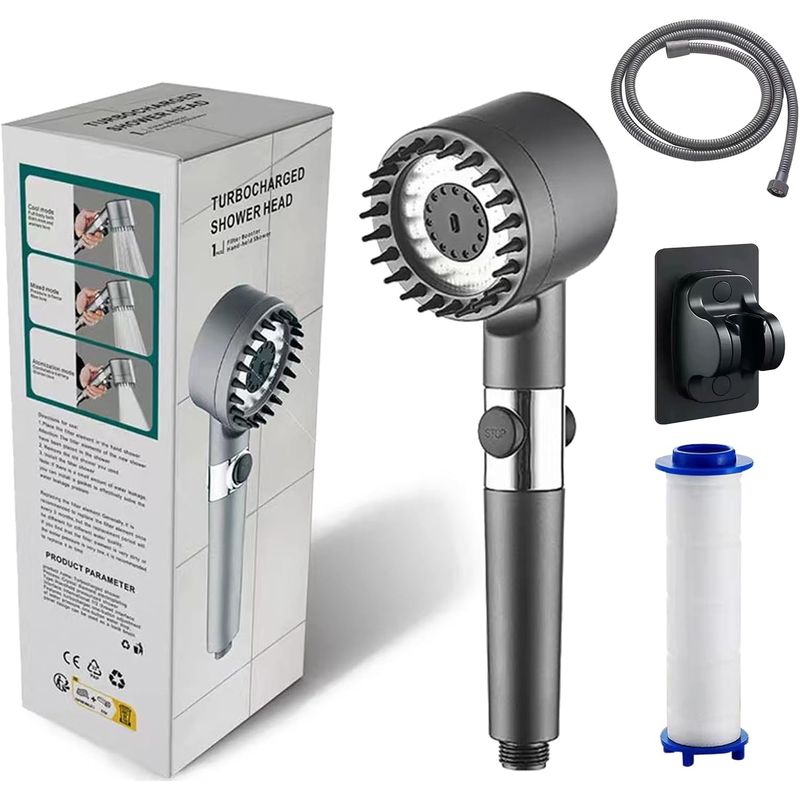 KUANGYE - Kit Cabezal Para Ducha Telefono Negro Alta Presion +manguera