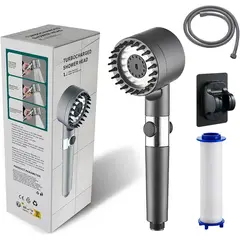 KUANGYE - Kit Cabezal Para Ducha Telefono Negro Alta Presion +manguera