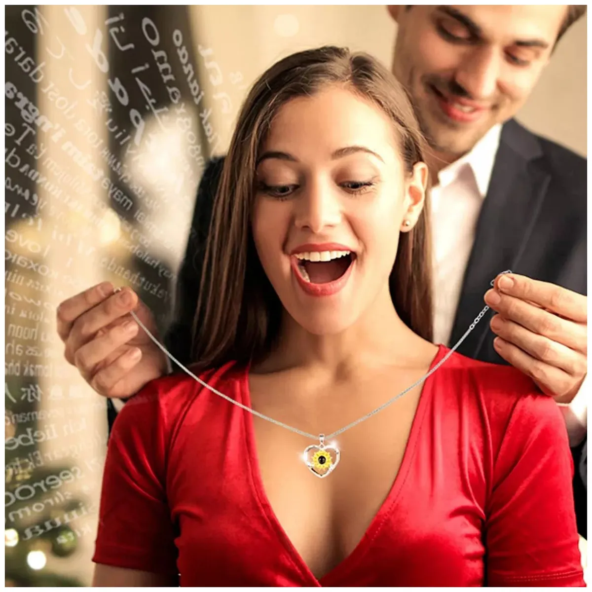 KUANGYE - Collar Girasol Te Amo En 100 Idiomas Para Mujer Novia Pareja