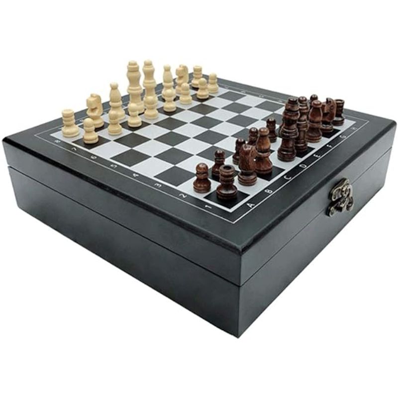 GENERICO - Set De Lujo Tablero Ajedrez Madera Domino Cartas Poker Negro