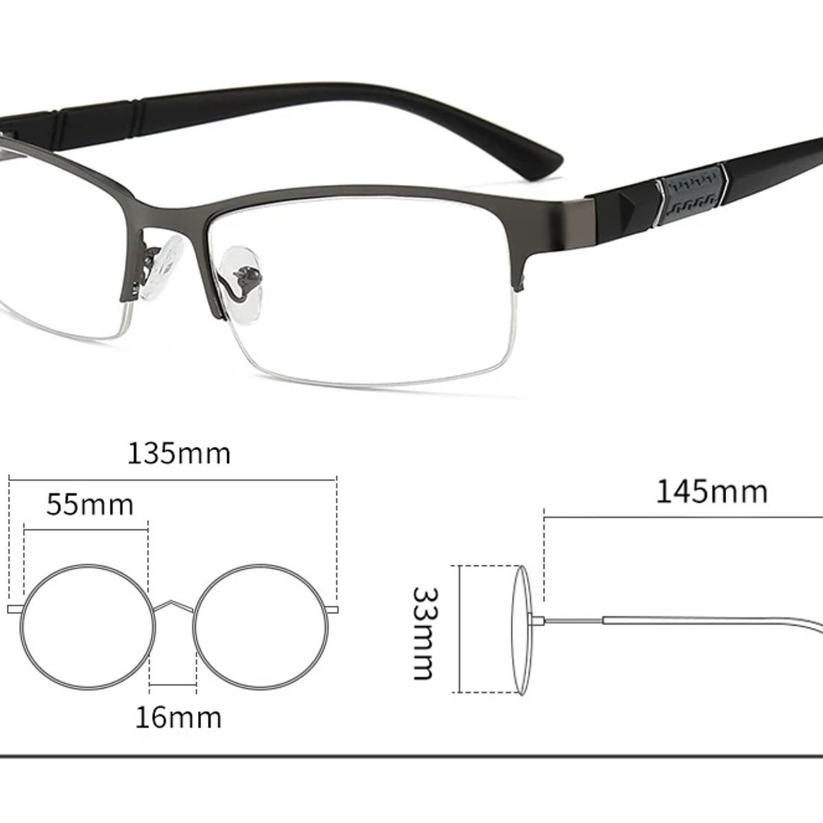 JM - Ruztik Lente de Miopía 2.00 Medio Marco Negro Anti Luz Azul
