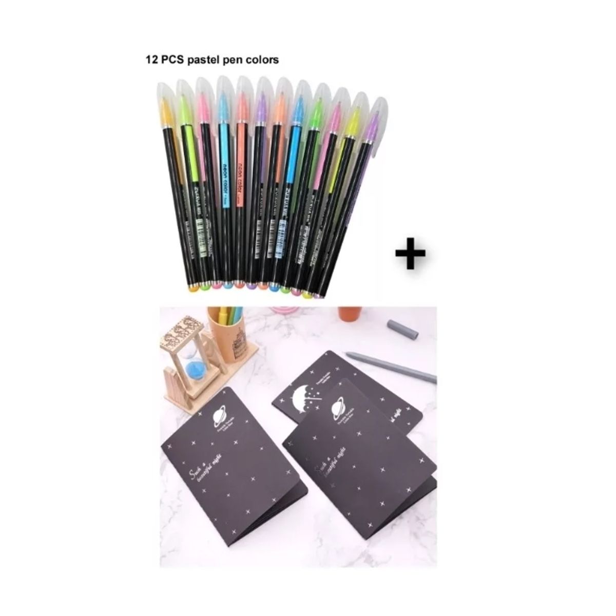 GENERICO - Pack Lapices Gel Pastel Neon + Libreta Negra