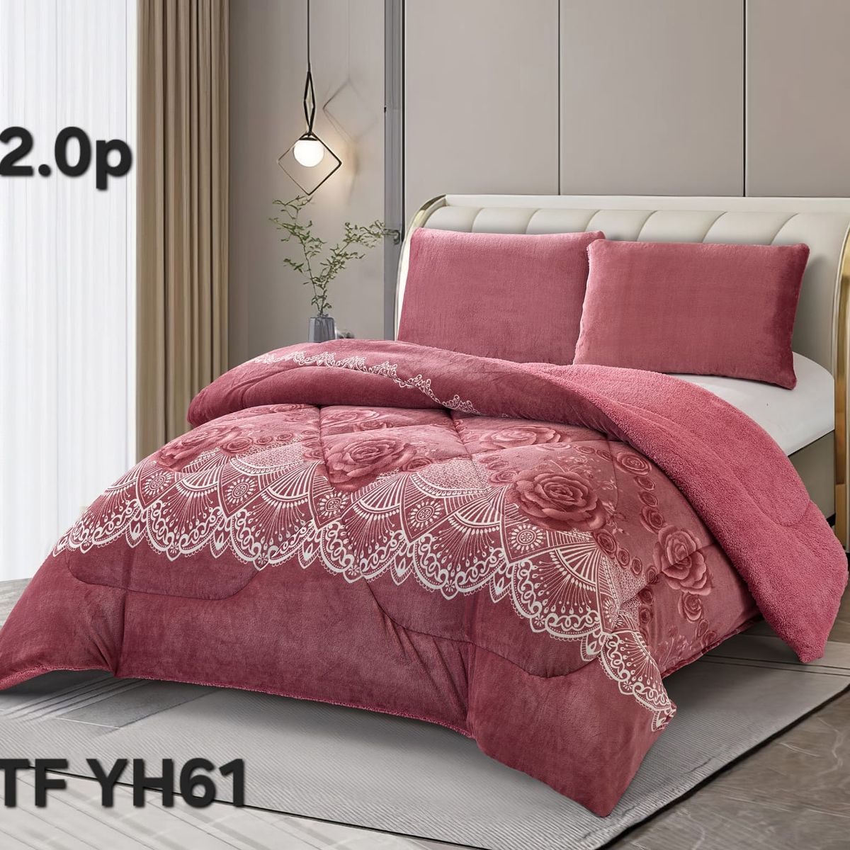 GENERICO - Cobertor de invierno plush con chiporro 2 Plazas - Flores Palo Rosa