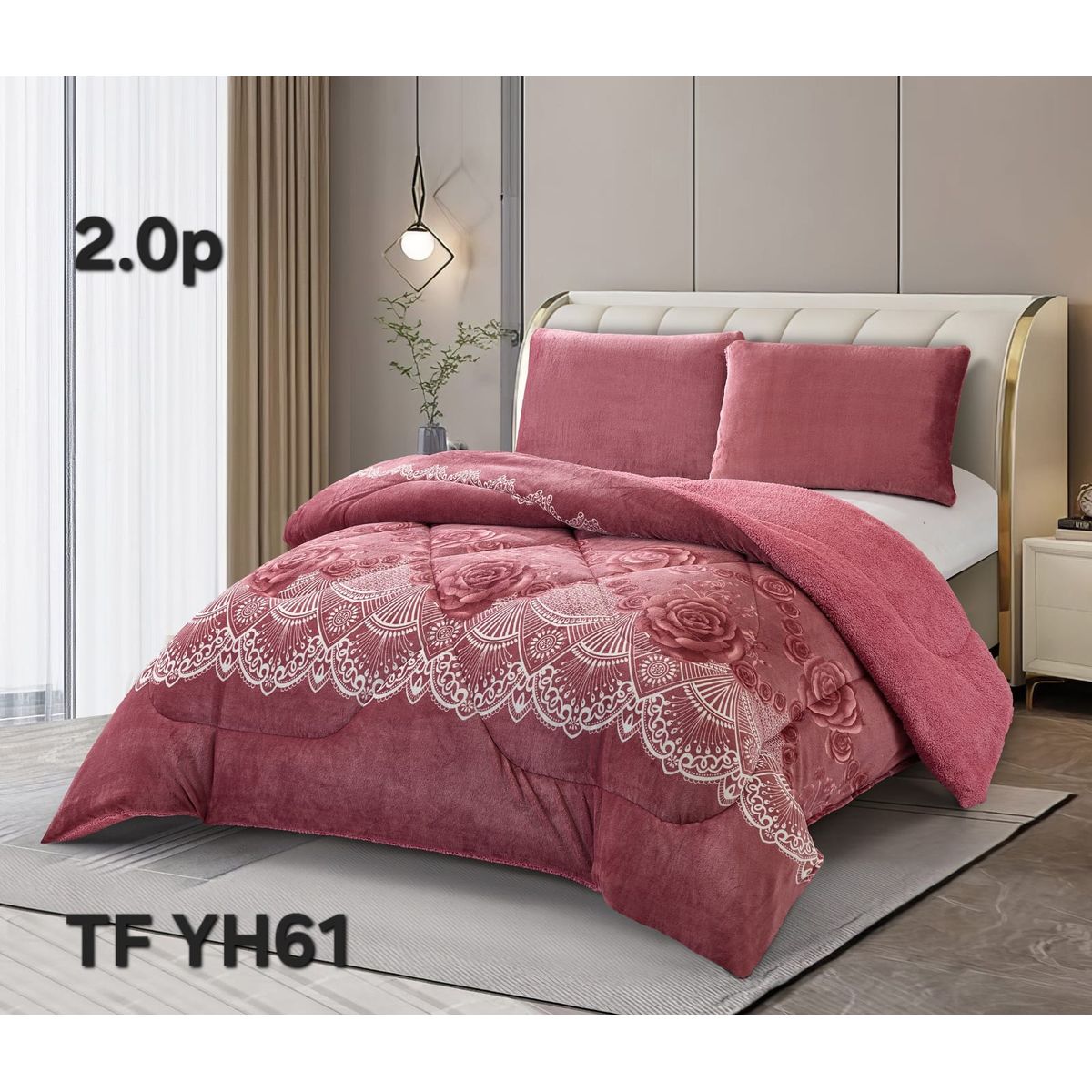 GENERICO - Cobertor de invierno plush con chiporro 2 Plazas - Flores Palo Rosa