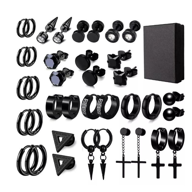 GENERICO - Aretes Para Hombre Mujer Con Piercing Pendientes Negro 19pcs