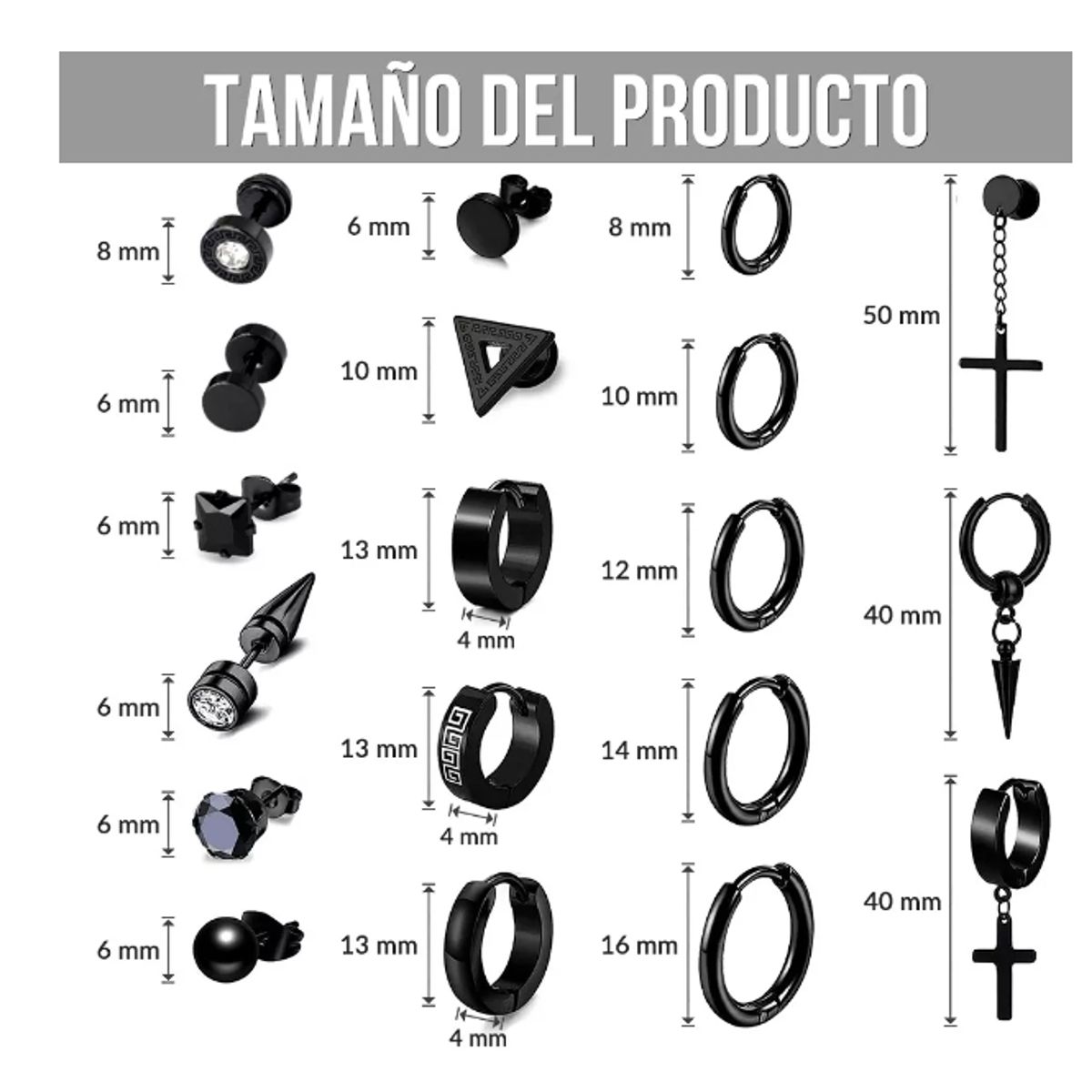 GENERICO - Aretes Para Hombre Mujer Con Piercing Pendientes Negro 19pcs