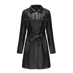 TIOZONEY - Abrigo largo PU con lazo para mujer - Negro