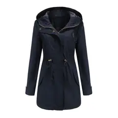 TIOZONEY - Cortavientos largo con gorro para mujer - Azul Marino