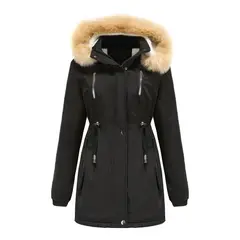 TIOZONEY - Abrigo grueso con gorro desmontable para mujer - Negro