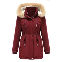 TIOZONEY - Abrigo grueso con gorro desmontable para mujer - Rojo