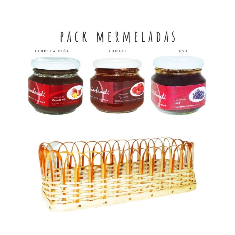 QUINCHAMALI MERMELADA GOURMET - Pack Cebolla piña Tomate Uva en cesta de mimbre