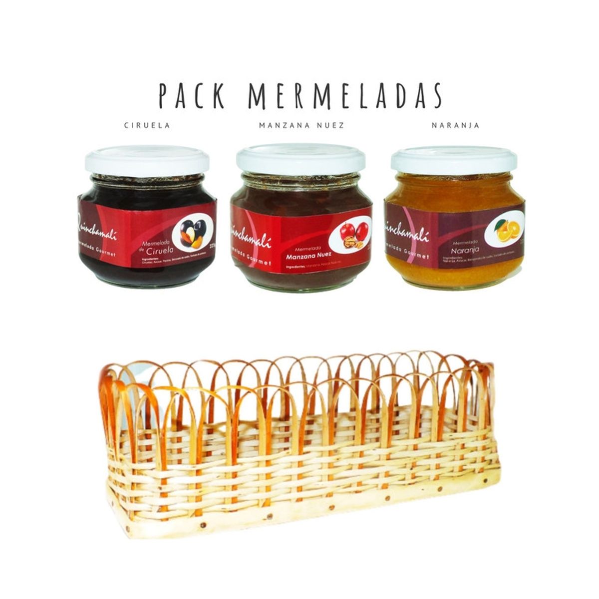 QUINCHAMALI MERMELADA GOURMET - Pack Ciruela Manzana nuez Naranja en cesta de mimbre