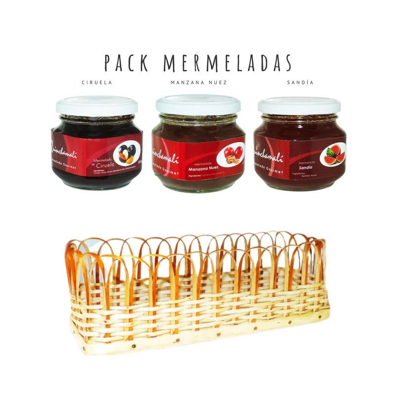 QUINCHAMALI MERMELADA GOURMET - Pack Ciruela Manzana nuez Sandía en cesta de mimbre