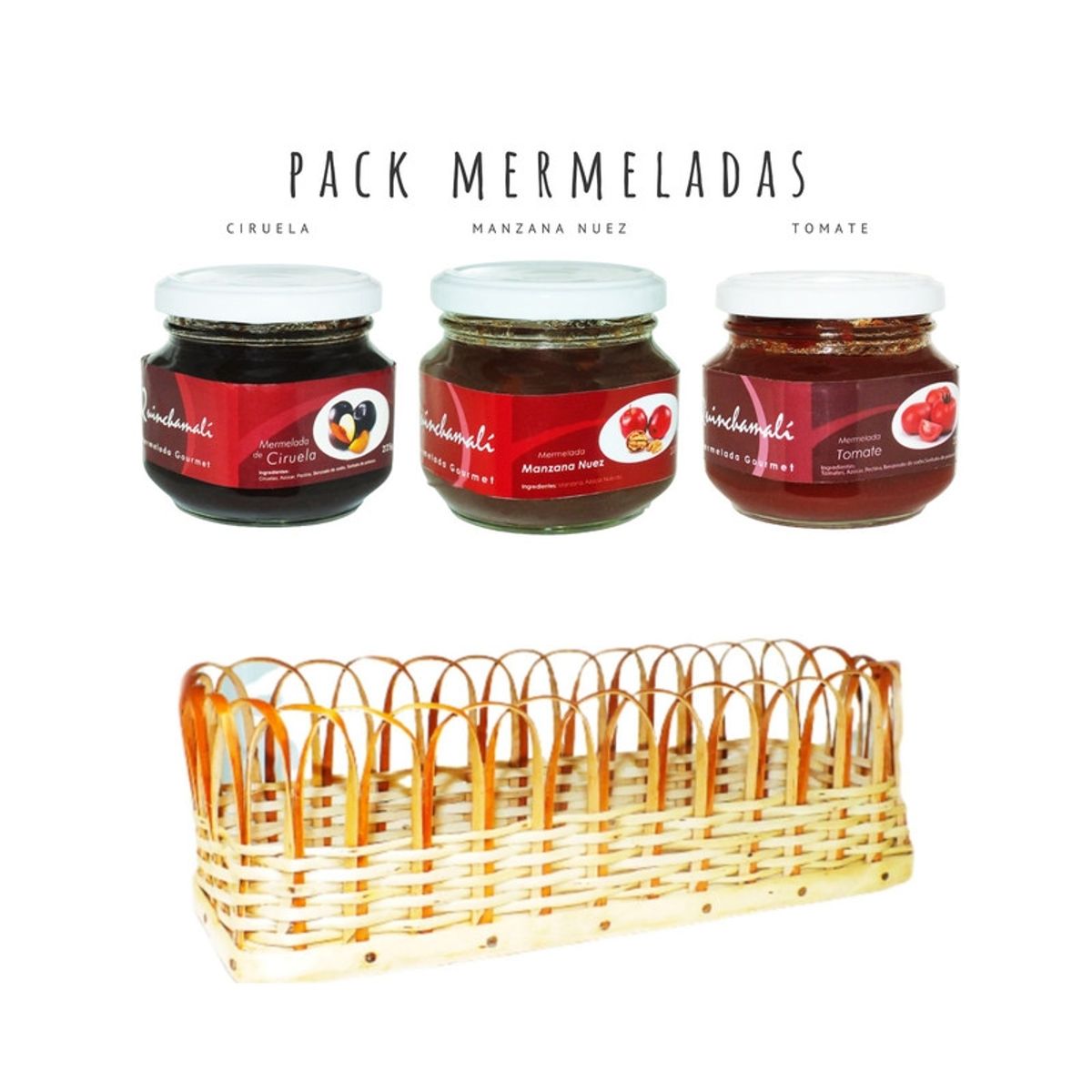 QUINCHAMALI MERMELADA GOURMET - Pack Ciruela Manzana nuez Tomate en cesta de mimbre