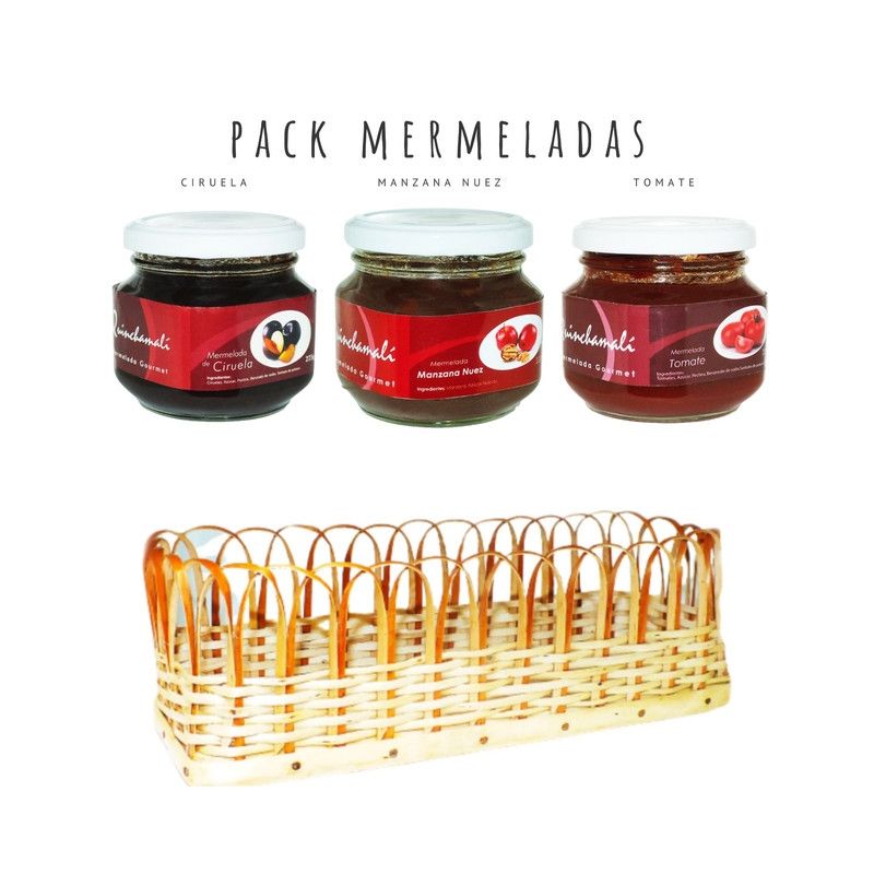 QUINCHAMALI MERMELADA GOURMET - Pack Ciruela Manzana nuez Tomate en cesta de mimbre