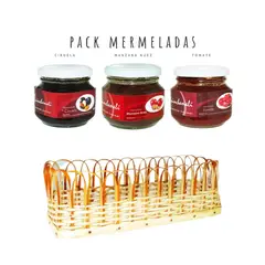 QUINCHAMALI MERMELADA GOURMET - Pack Ciruela Manzana nuez Tomate en cesta de mimbre