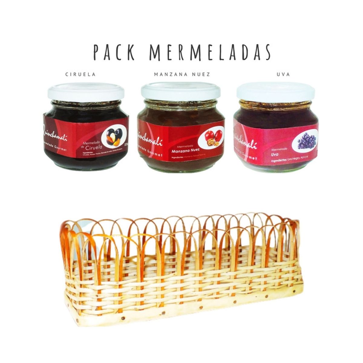 QUINCHAMALI MERMELADA GOURMET - Pack Ciruela Manzana nuez Uva en cesta de mimbre