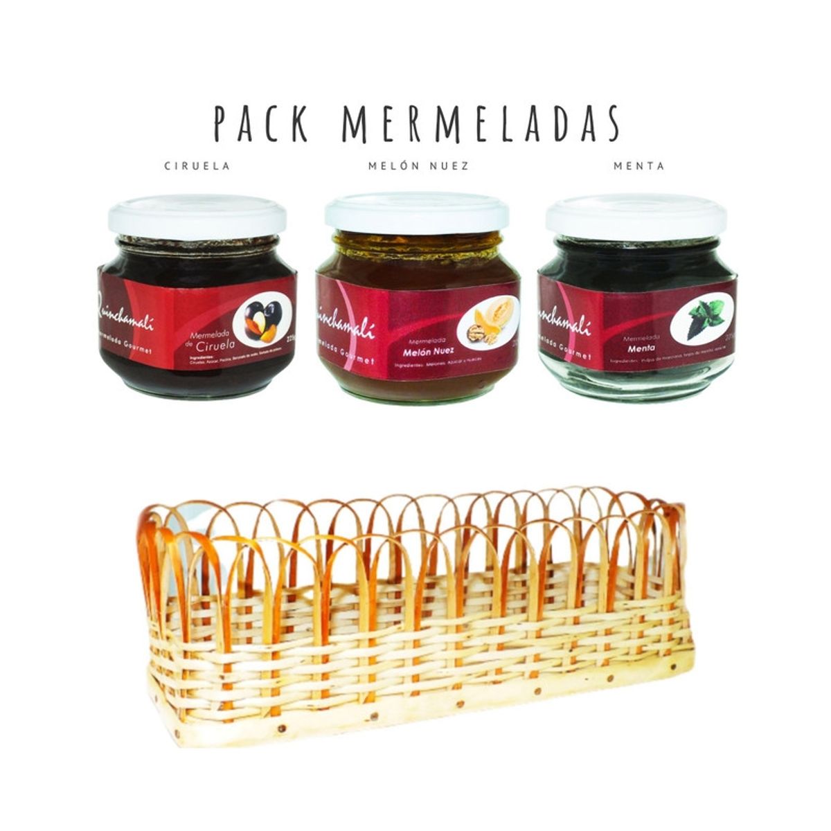 QUINCHAMALI MERMELADA GOURMET - Pack Ciruela Melón nuez Menta en cesta de mimbre