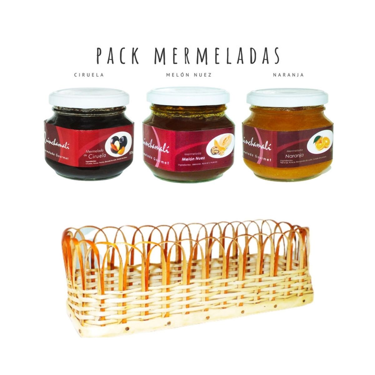 QUINCHAMALI MERMELADA GOURMET - Pack Ciruela Melón nuez Naranja en cesta de mimbre