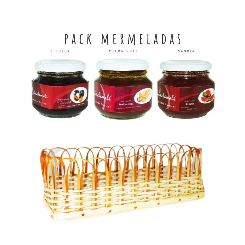 QUINCHAMALI MERMELADA GOURMET - Pack Ciruela Melón nuez Sandía en cesta de mimbre
