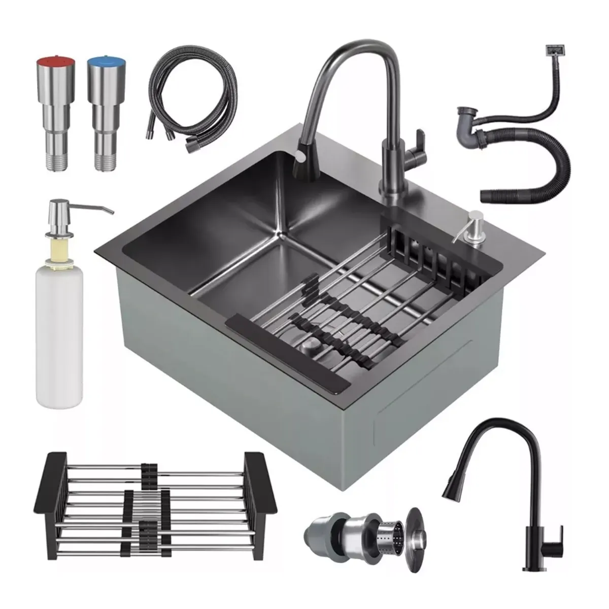 HOMER DESIGN - Combo Lavaplato Empotrado 55x45x21cms Acero Inoxidable con Todos