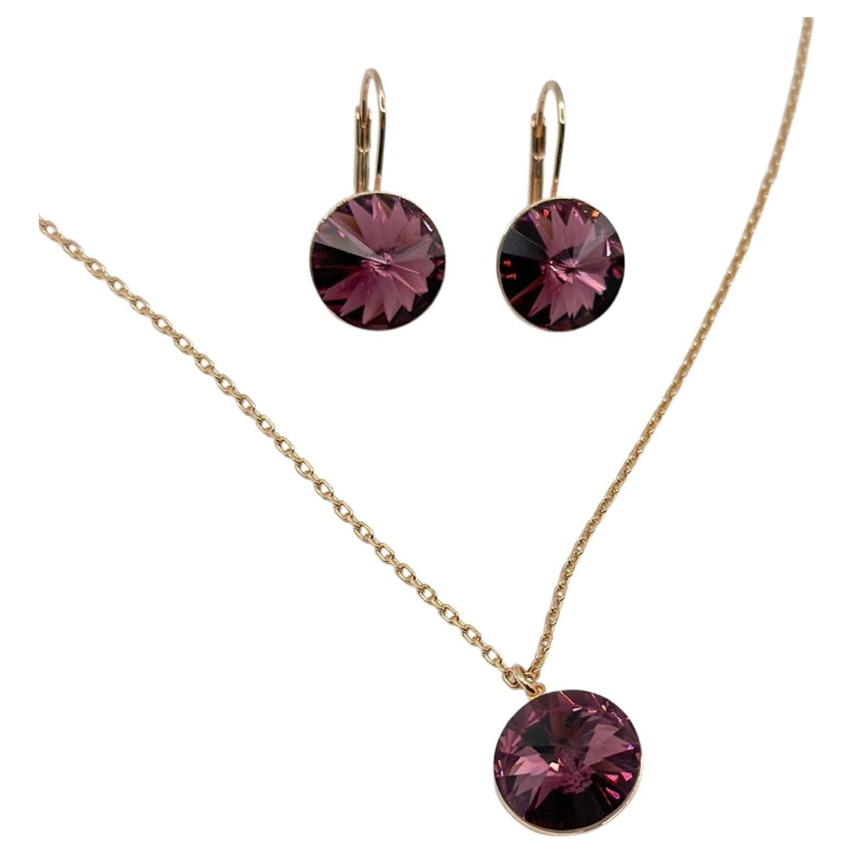 GENERICO - Conjunto Collar Aros Cristal Morado Baño Oro Rosa 18 Kl