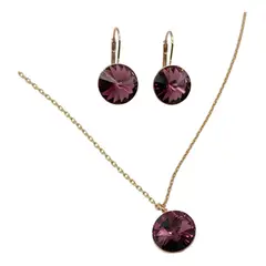 GENERICO - Conjunto Collar Aros Cristal Morado Baño Oro Rosa 18 Kl