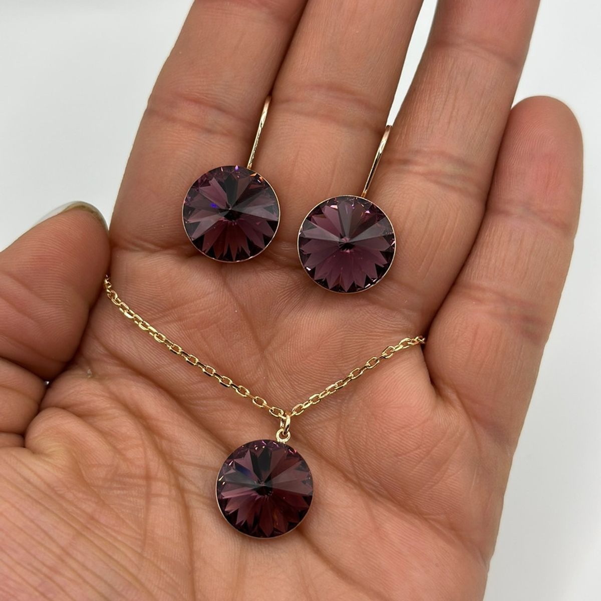 GENERICO - Conjunto Collar Aros Cristal Morado Baño Oro Rosa 18 Kl
