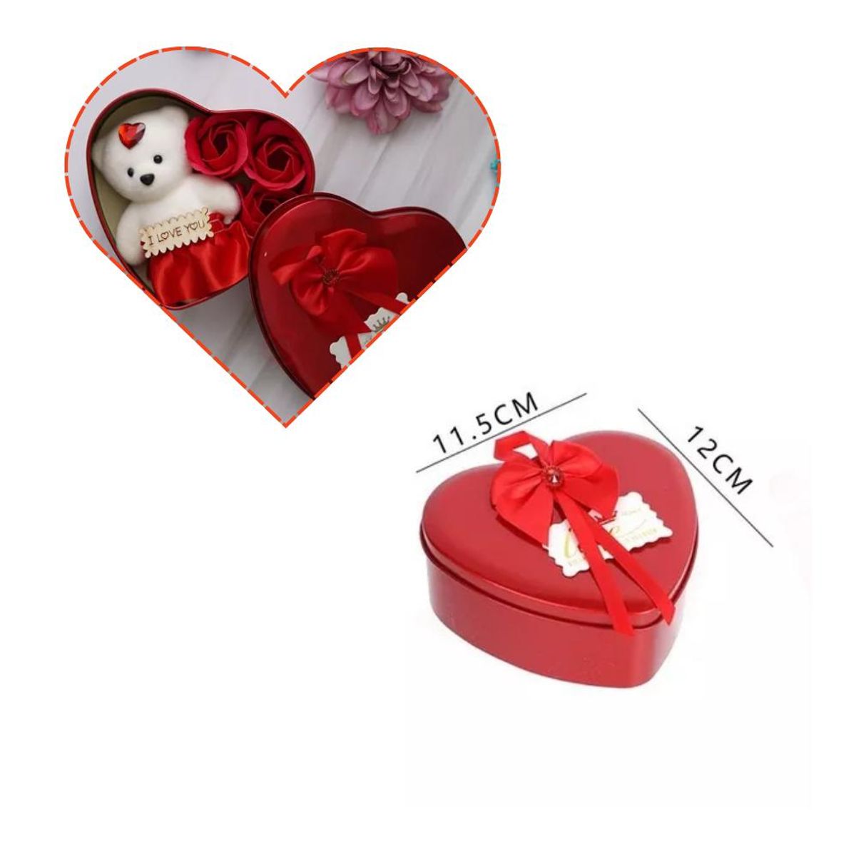 ARTIDIX - Peluche Osito Con Rosas, Caja Metalica Corazon Y Cinta