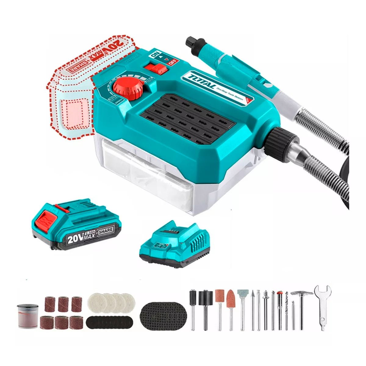 TOTAL TOOLS - Herramienta Rotativa Mini Torno Multiuso+40 Acc 20v Total
