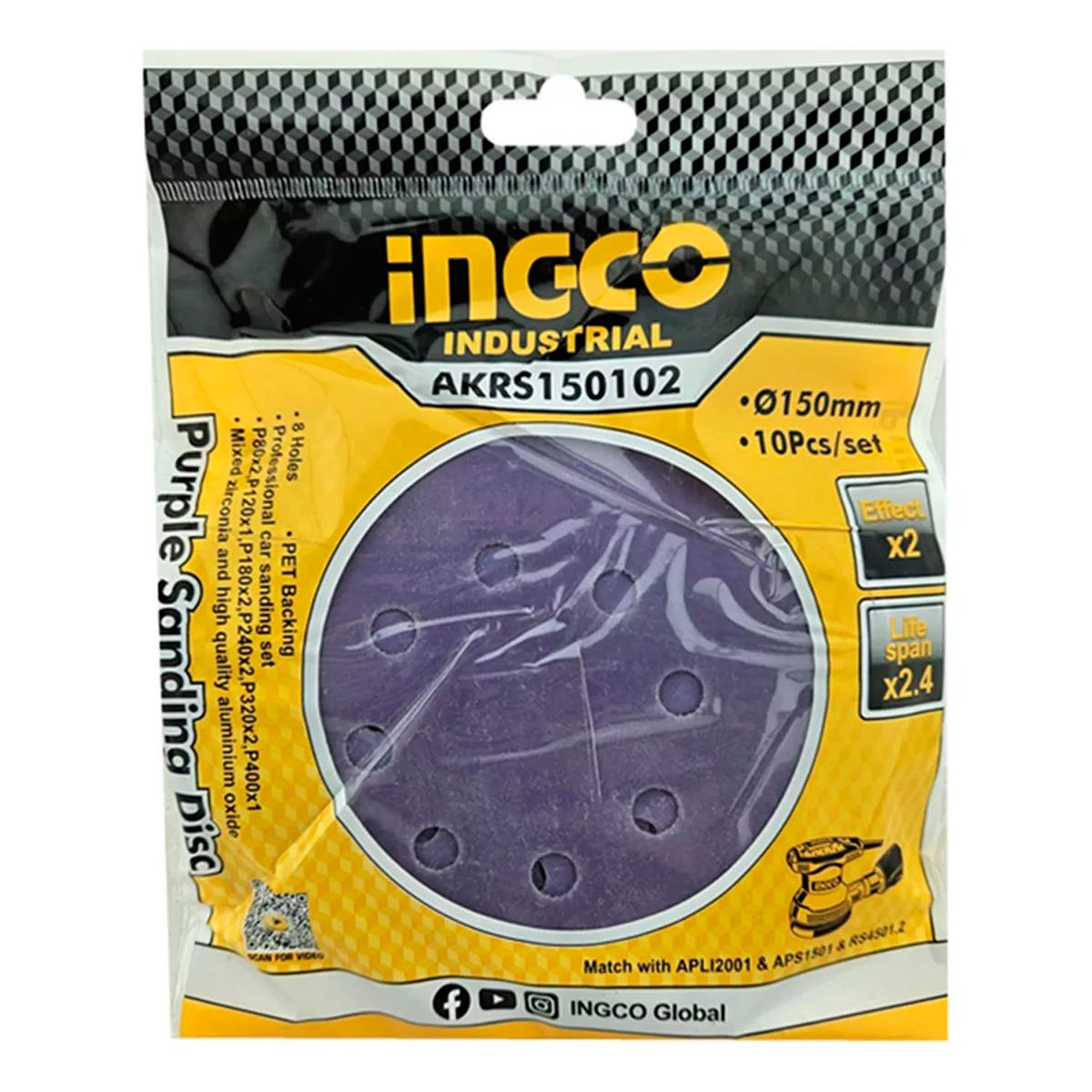 INGCO - 10 Disco Lija Zirconio 150mm Velcro Grano Variado Akrs150102