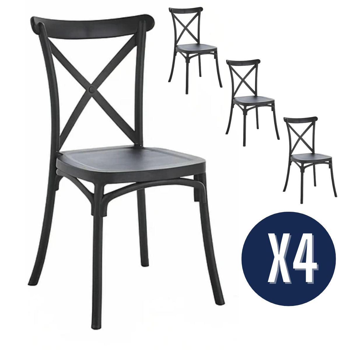 GENERICO - Pack 4 Sillas Negras para Comedor o Terraza Apilables Crossback