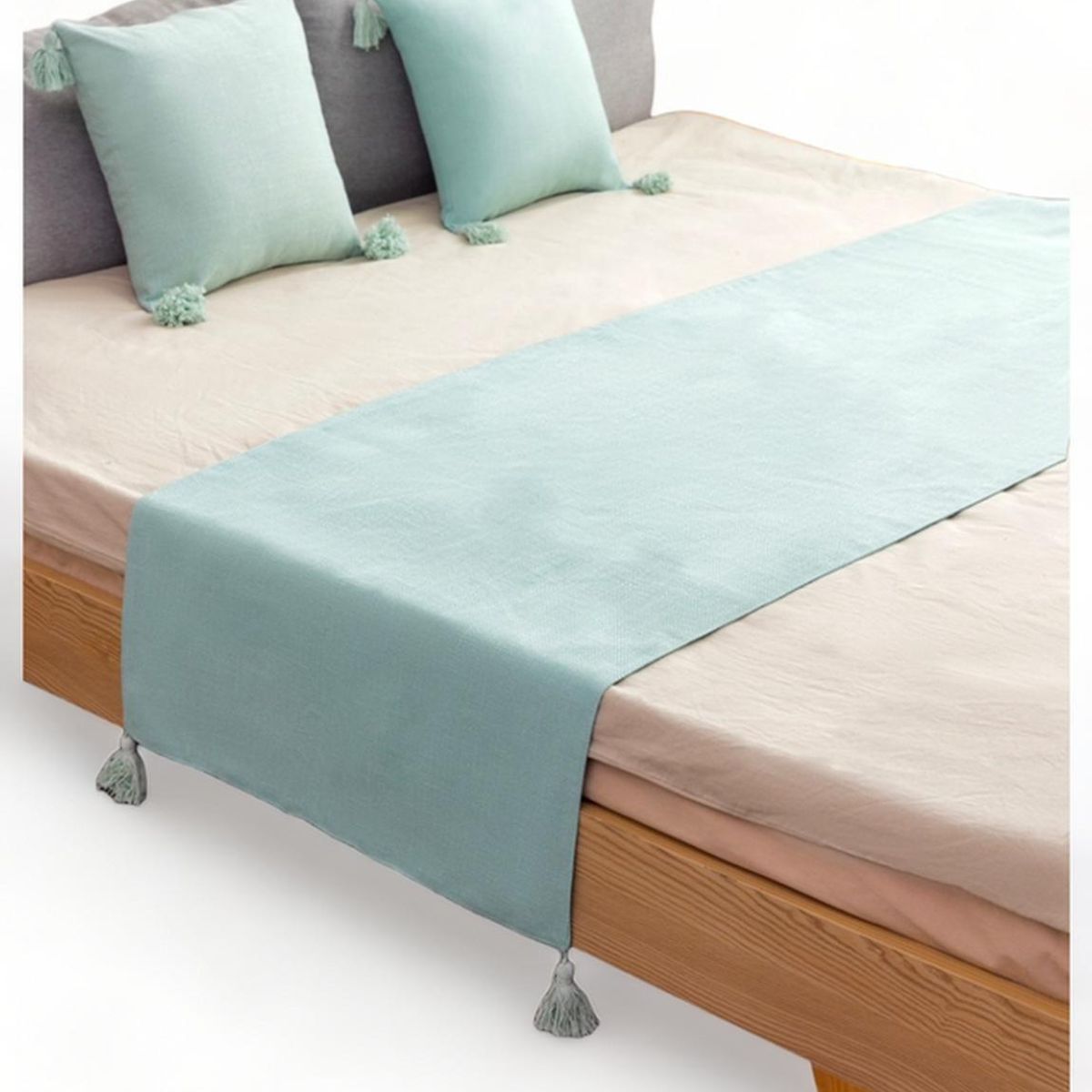 GENERICO - Pie De Cama King + 2 Fundas En Lino Con Borlas 70x210cm - Agua