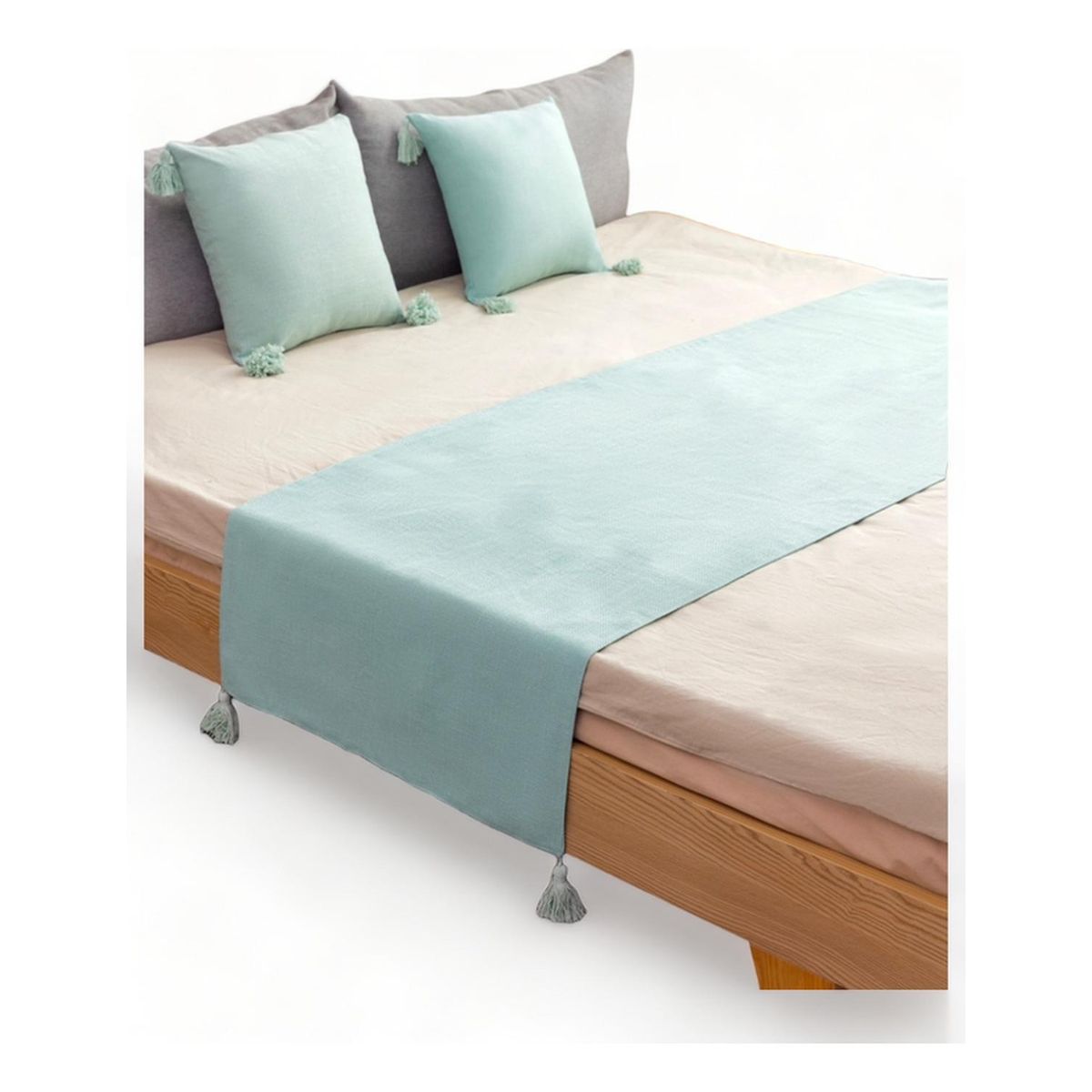 GENERICO - Pie De Cama King + 2 Fundas En Lino Con Borlas 70x210cm - Agua